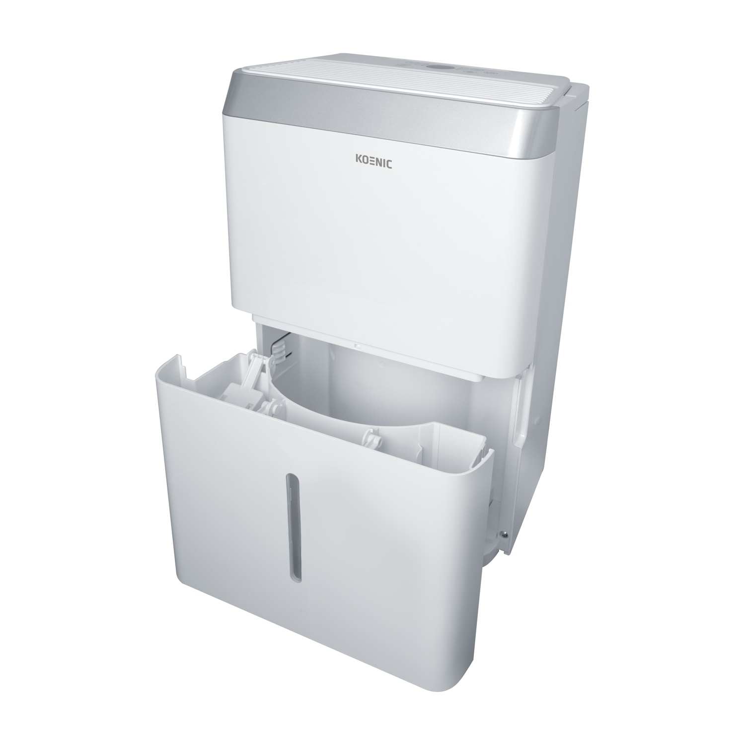 Deumidificatore bianco, con il serbatoio dell'acqua parzialmente rimosso, su sfondo bianco.