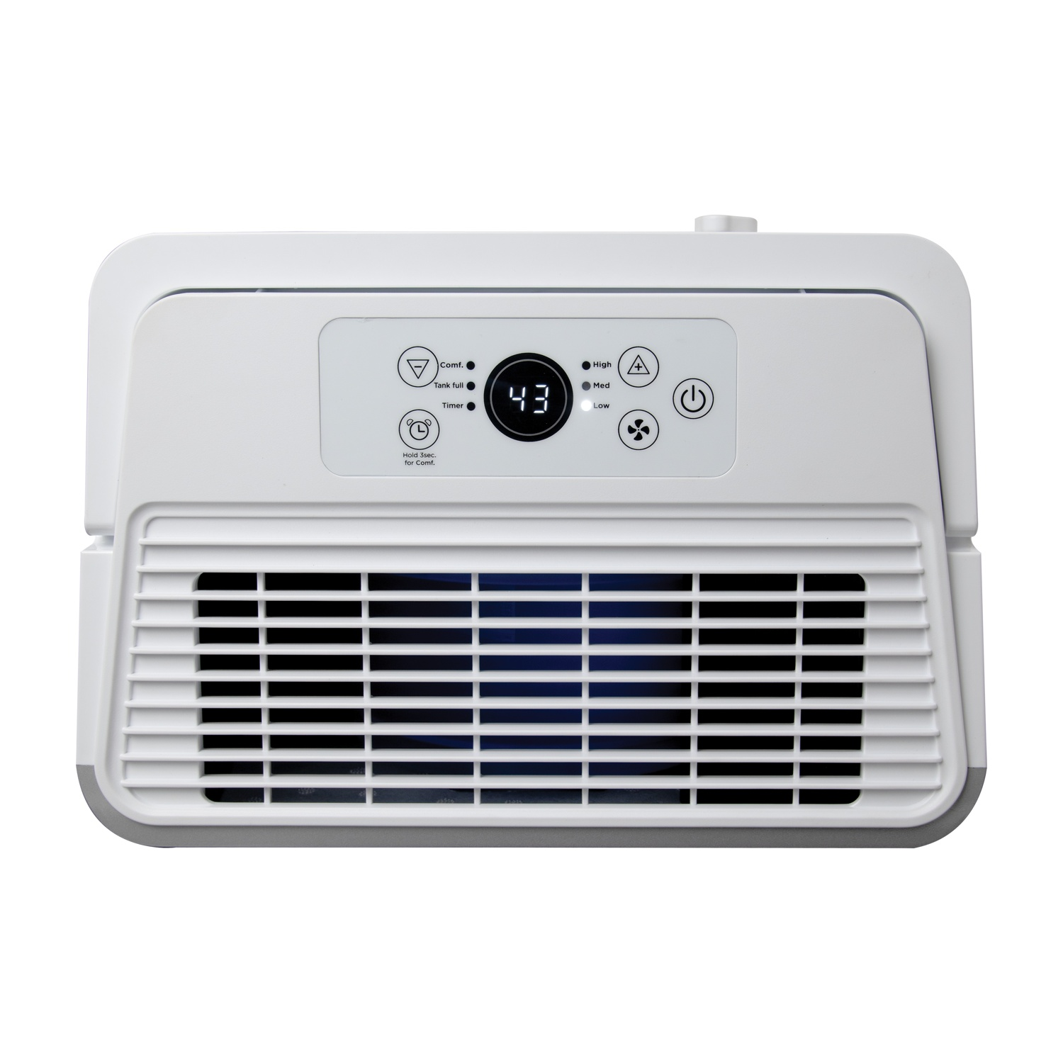 Condizionatore portatile bianco. Il display digitale mostra 43. Parte anteriore nera con fessure di ventilazione.