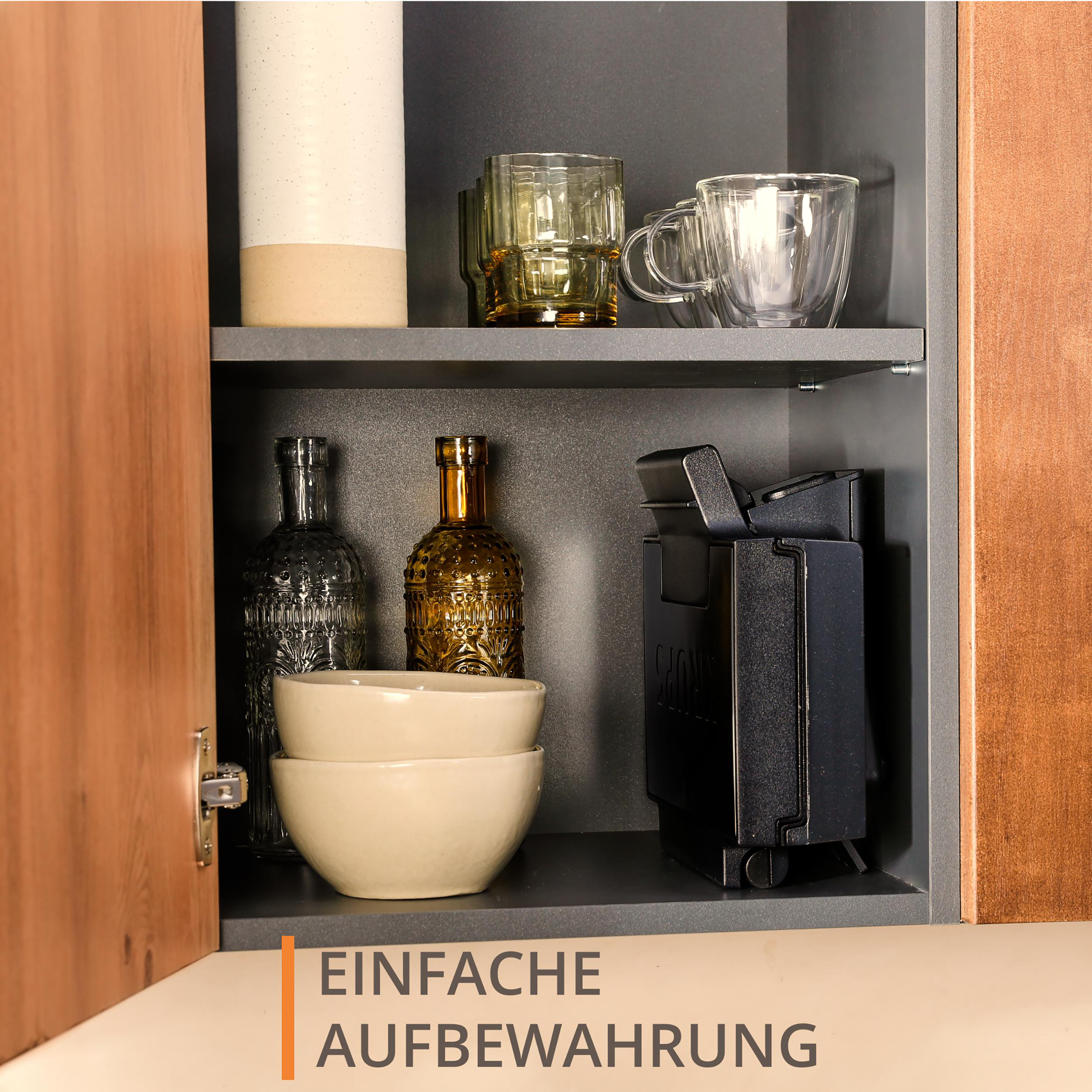Offener Schrank mit Gläsern, Flaschen und Schalen. Text 'Einfache Aufbewahrung' unten.