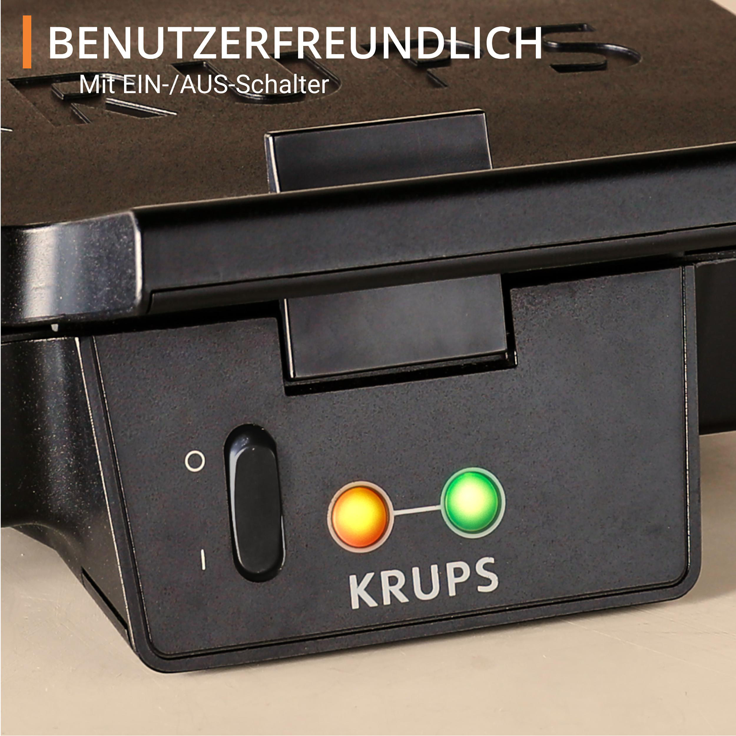 Schwarzes Waffeleisen-Bedienfeld mit Ein-/Aus-Taste und Lichtern.