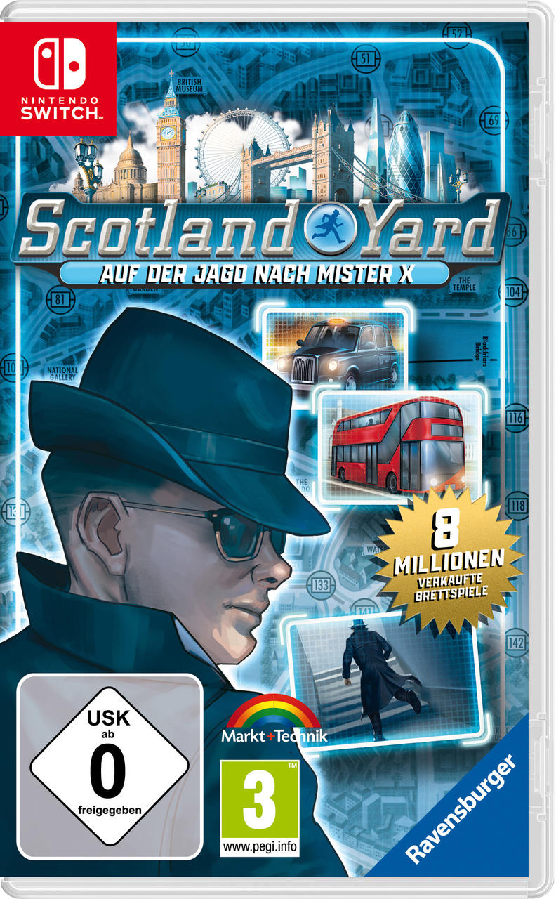 Nintendo Switch Spielbox für 'Scotland Yard'. Schwarzer Hintergrund.