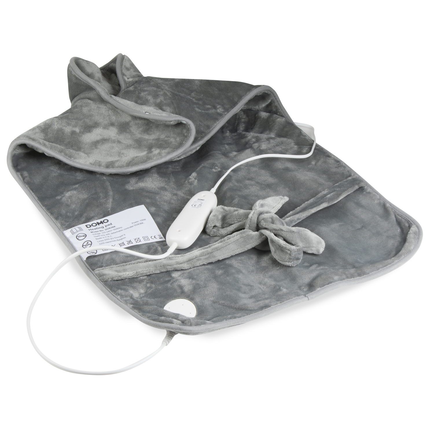 Coussin chauffant gris avec panneau et cordon blancs sur une surface blanche.