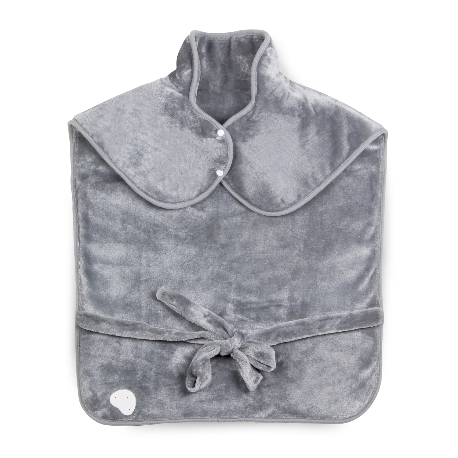 Coussin chauffant gris, moelleux, avec lien. Boutons sur le col.