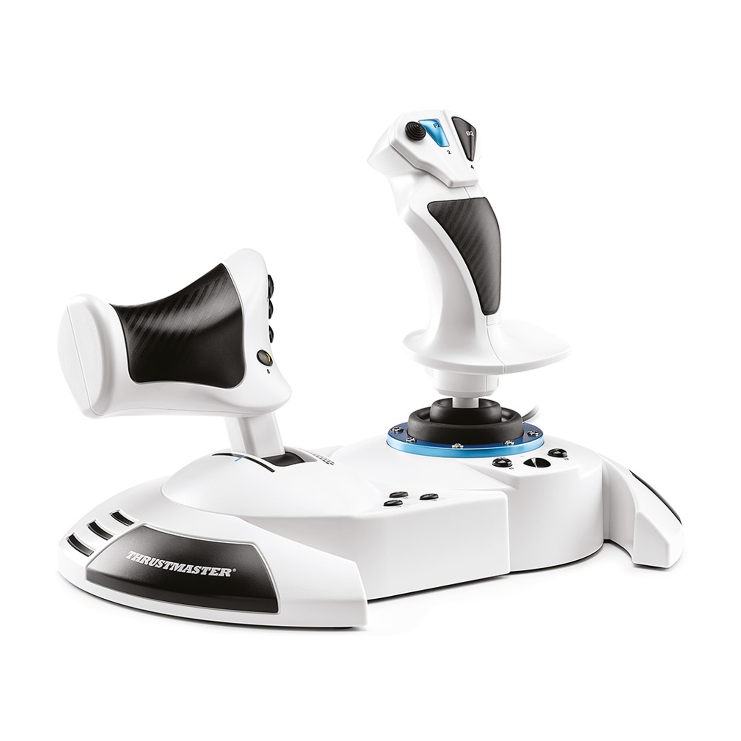 Un joystick da gioco bianco e nero su sfondo bianco.