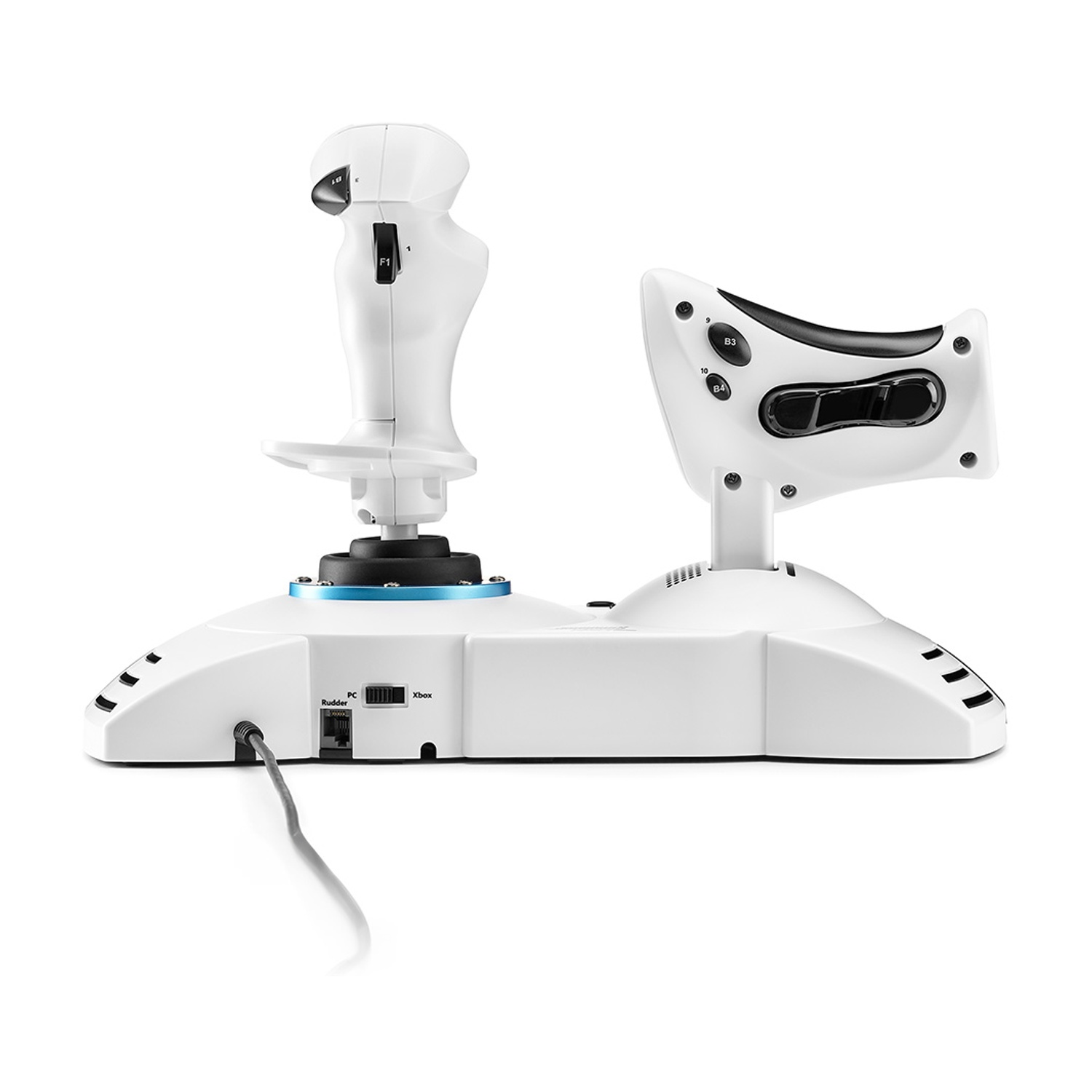 Configurazione joystick e pannello di controllo bianchi su sfondo bianco.