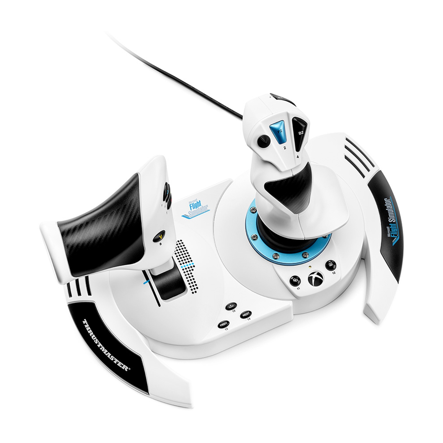 Joystick simulatore di volo con vari pulsanti e controlli, design bianco e nero.