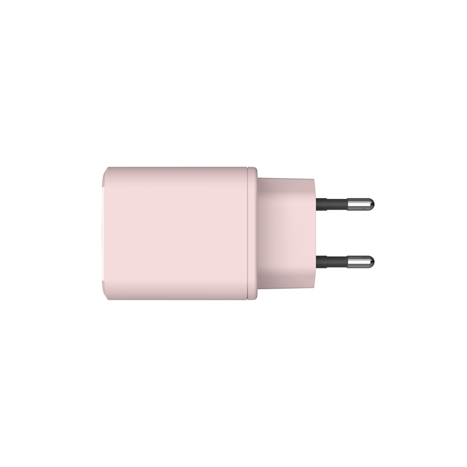 Un chargeur mural rose avec deux broches métalliques.