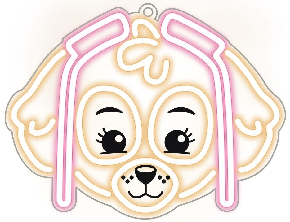 Neonowy kontur psiej twarzy w kolorach różowym i żółtym.