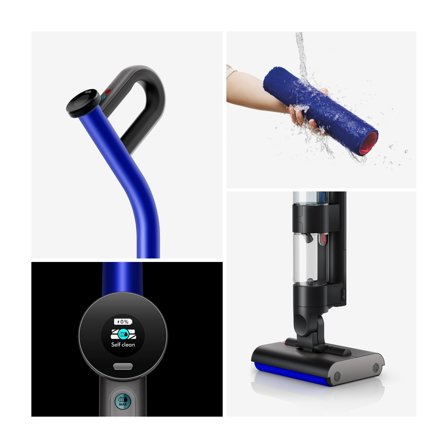 Un'immagine a quattro pannelli di un dispositivo per la pulizia. Il dispositivo è blu e nero. Ha una modalità autopulente.