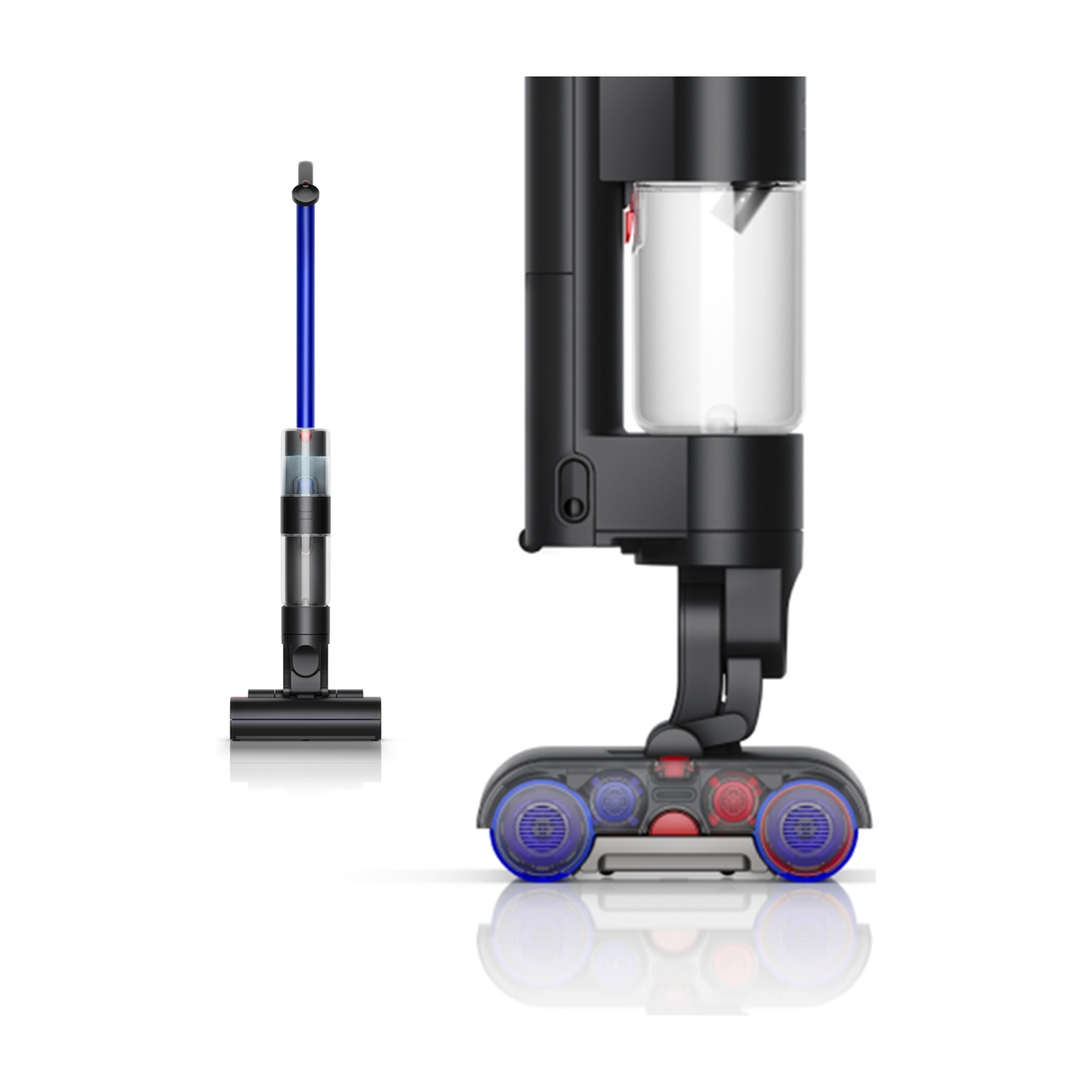 Un aspirapolvere Dyson nero e blu con un contenitore trasparente e un'asta con manico blu.
