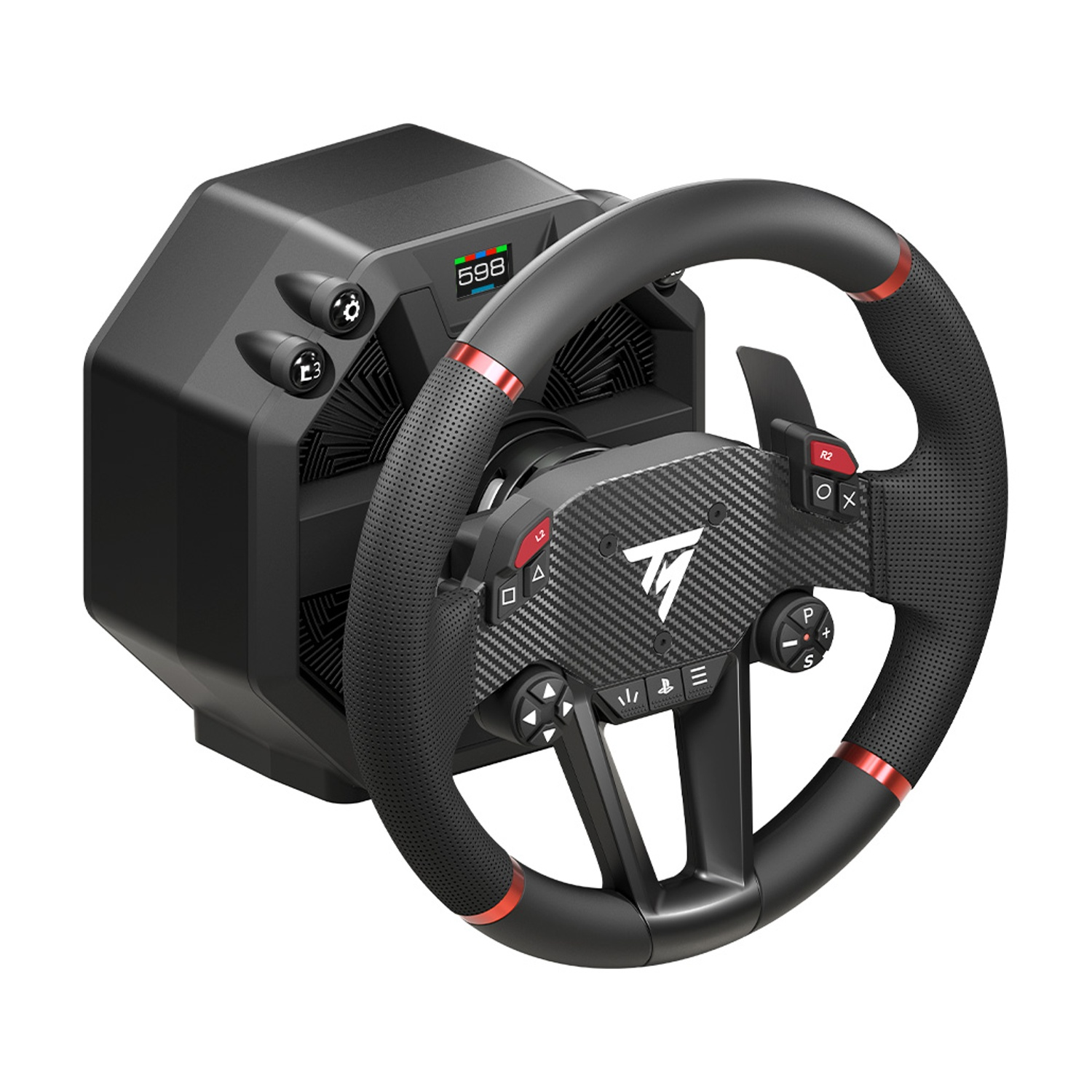 Volante da corsa nero e rosso con pulsanti e schermo.