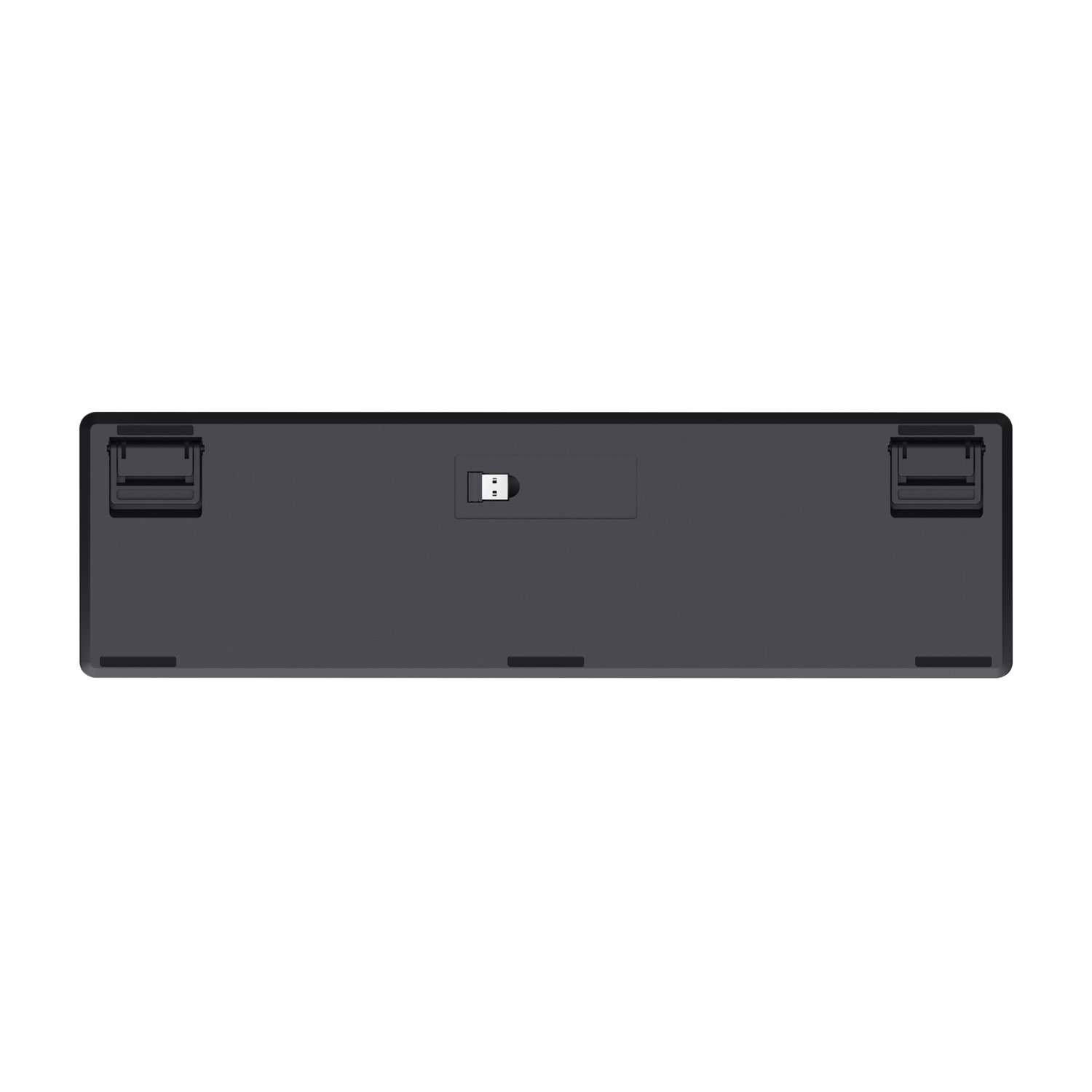 Retro di una tastiera nera con porta USB.