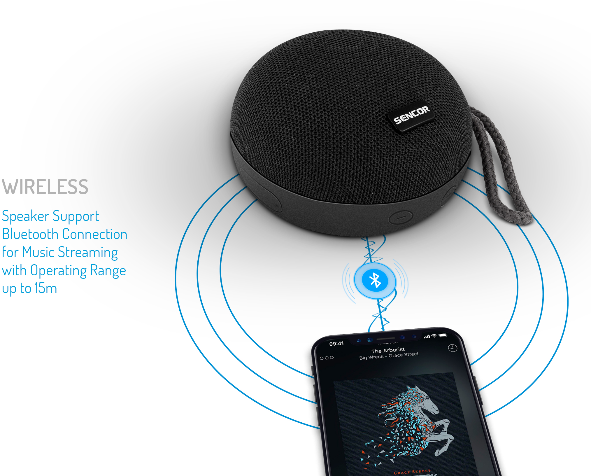 Fekete vezeték nélküli hangszóró szöveggel és egy telefonnal, amely Bluetooth-on keresztül zenét streamel.