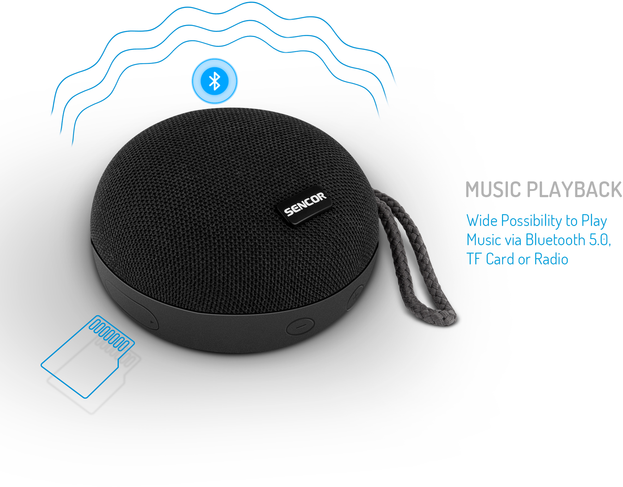 Fekete SENCOR Bluetooth hangszóró, pánttal. Bluetooth szimbólum és TF kártya.