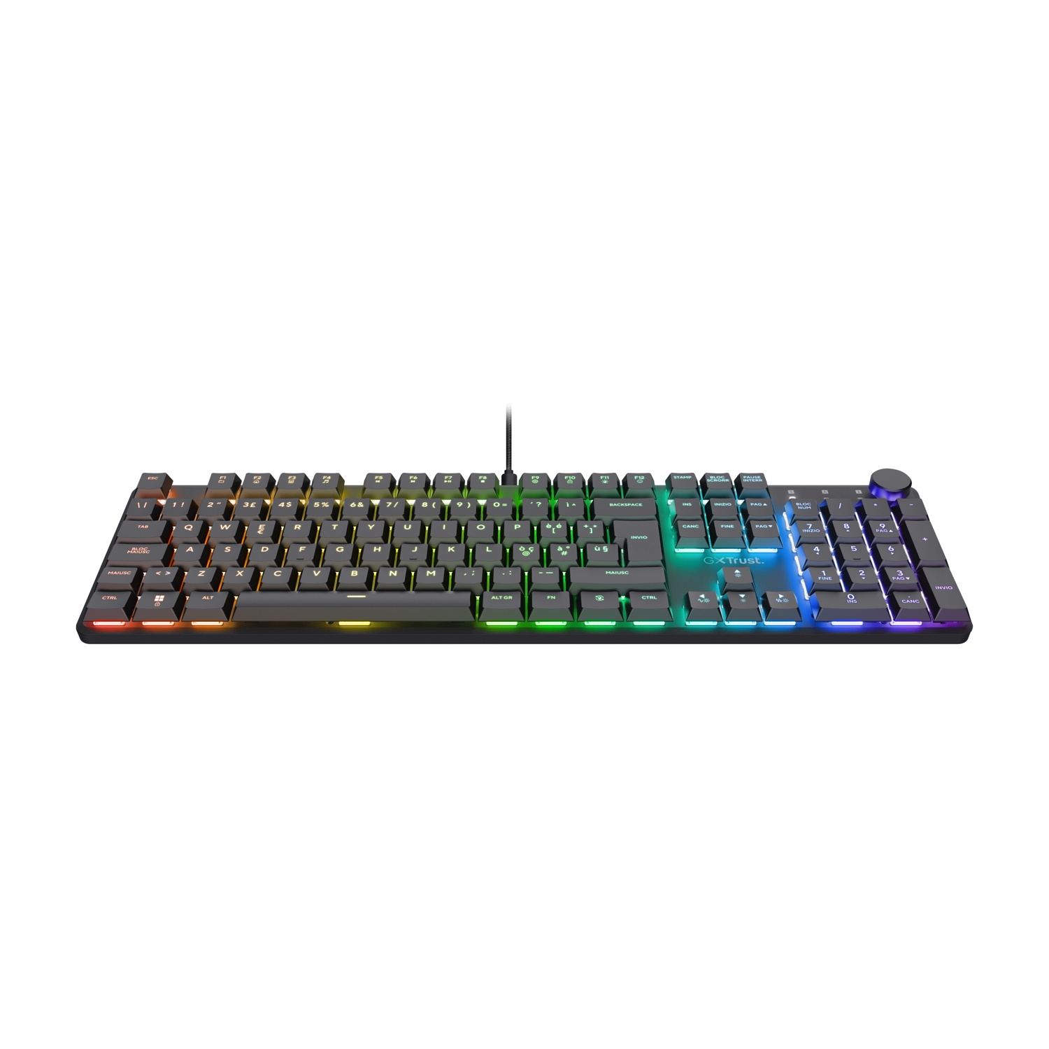 Tastiera nera con tasti arcobaleno. Testo bianco sui tasti. Con manopola del volume.