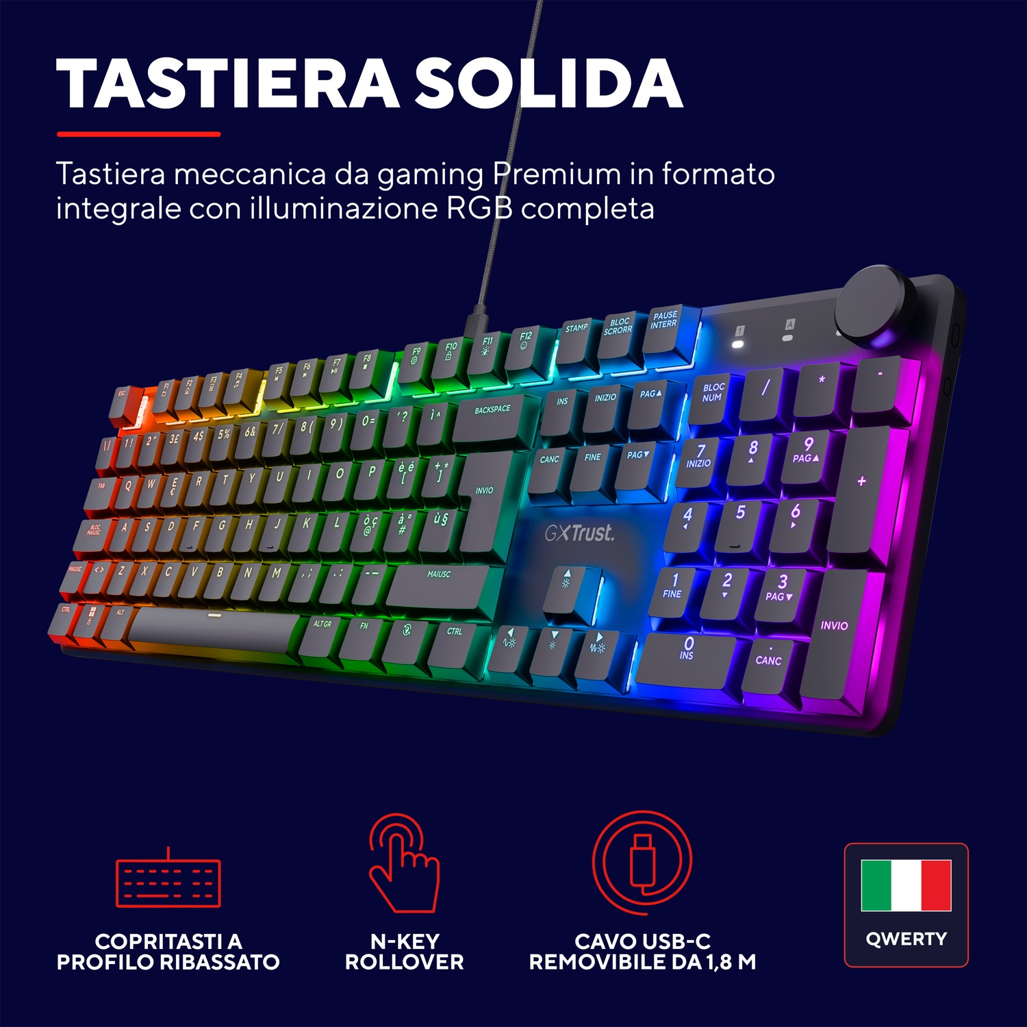 Una tastiera gaming colorata con illuminazione RGB e tastierino numerico, tasti neri.