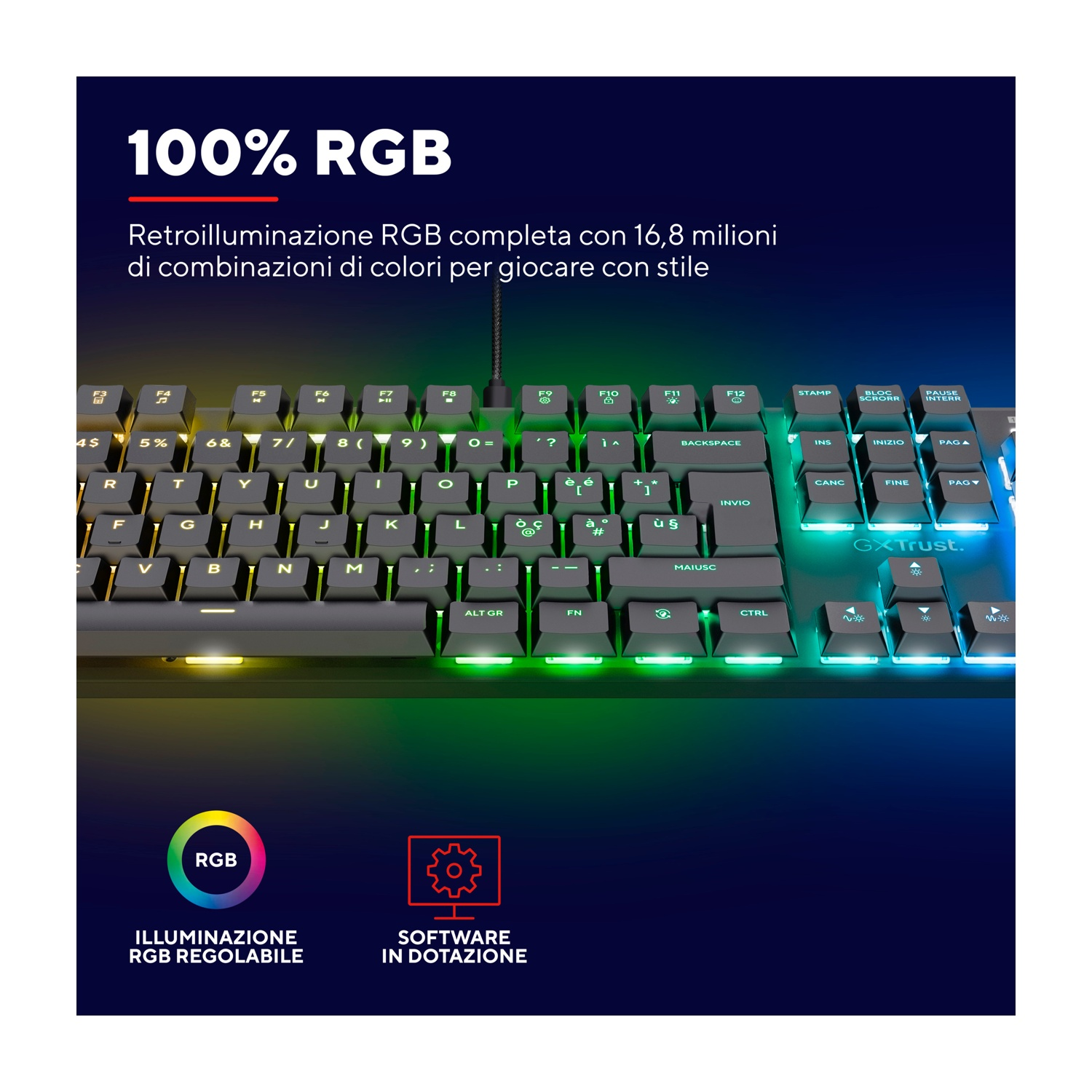 Tastiera nera con illuminazione RGB, con testo '100% RGB' e due icone.