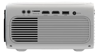 Widok z tyłu białego projektora z portami AV, Micro SD, HDMI, USB i wejściem DC.