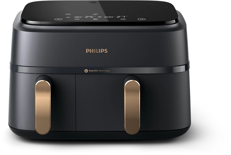 Fekete Philips légkeveréses sütő arany fogantyúkkal. Digitális kijelzője van. A márkanév és a Rapid Air Technology látható.