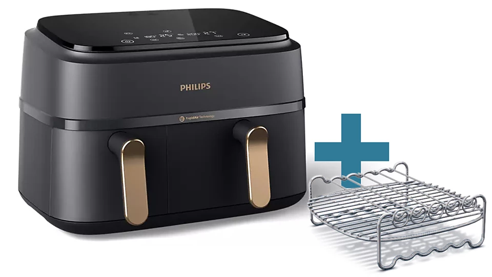 Fekete légkeveréses sütő arany fogantyúkkal és ezüst grillrács. Philips logó a tetején.