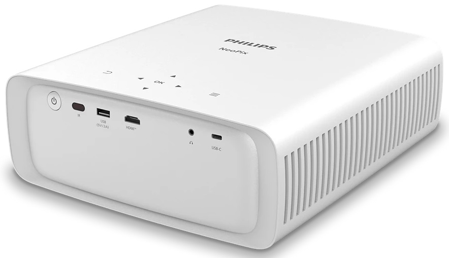 Biały projektor Philips NeoPix. Posiada przyciski sterowania i porty połączeniowe. Zaokrąglone krawędzie i kratka.