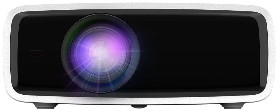 Biały projektor z czarnym obiektywem. Obiektyw emituje jasne fioletowe światło. Projektor ma elegancki, nowoczesny design.