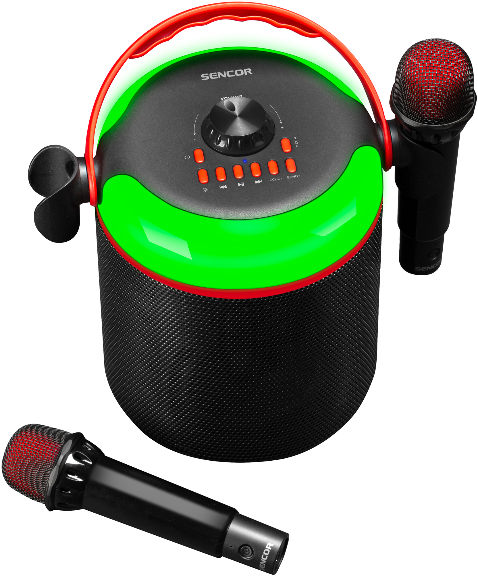 Hordozható karaoke gép két mikrofonnal.