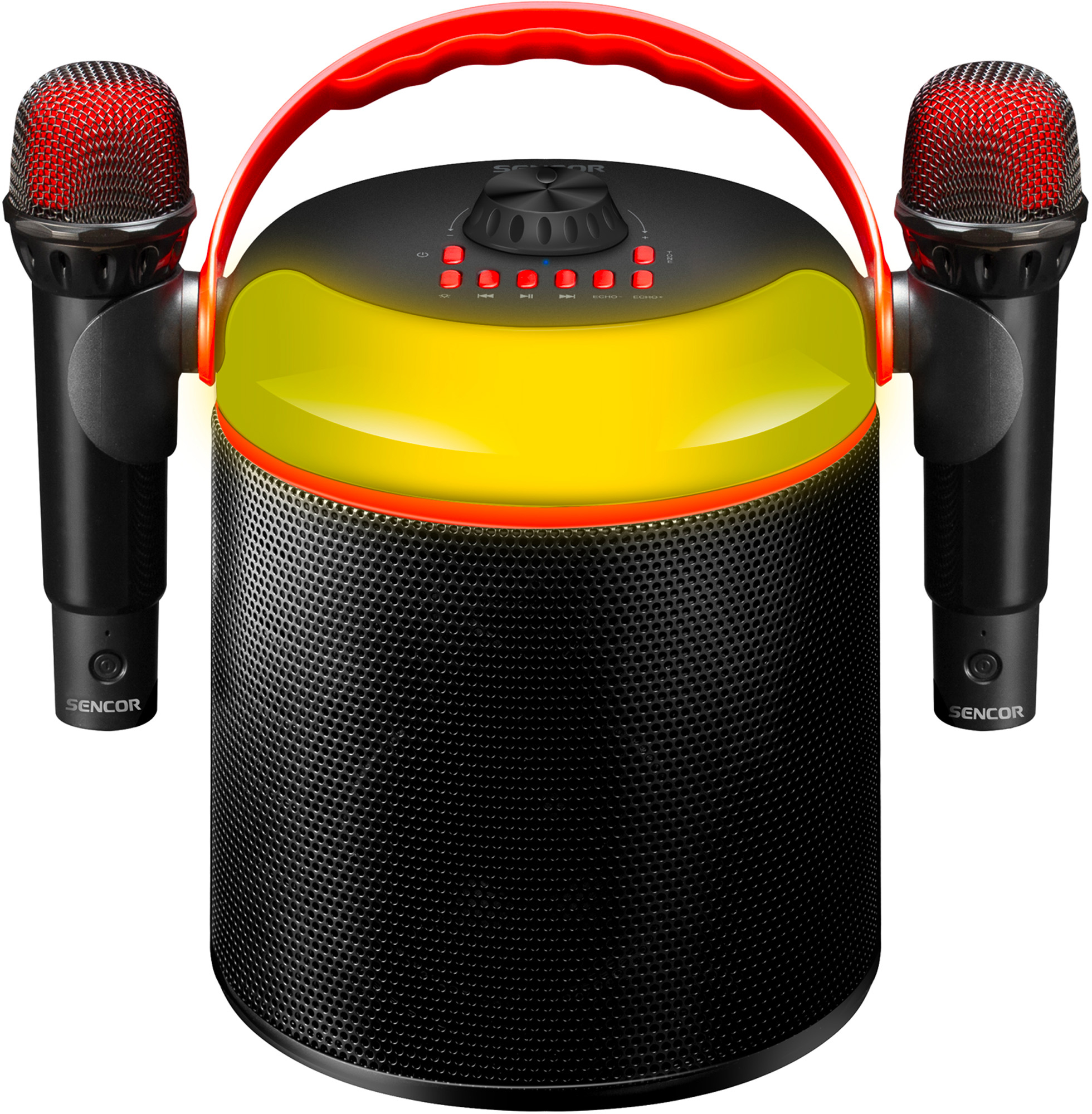 Fekete-sárga karaoke gép két mikrofonnal. Piros lámpák felül.
