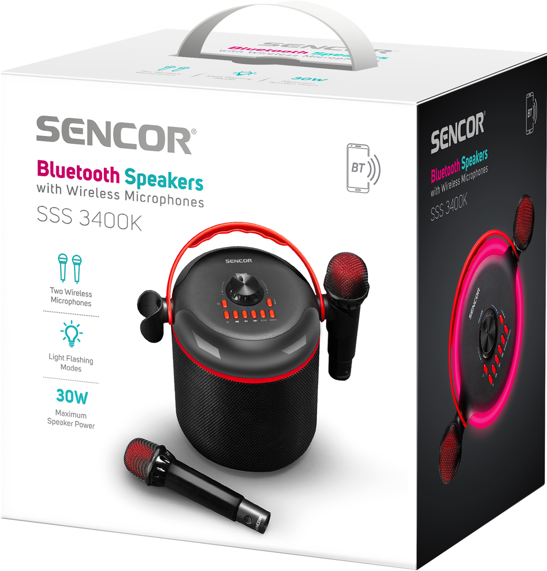 Egy Sencor Bluetooth hangszóró két mikrofonnal látható. A doboz a termék részleteit mutatja, 30W-os hangszóróval.