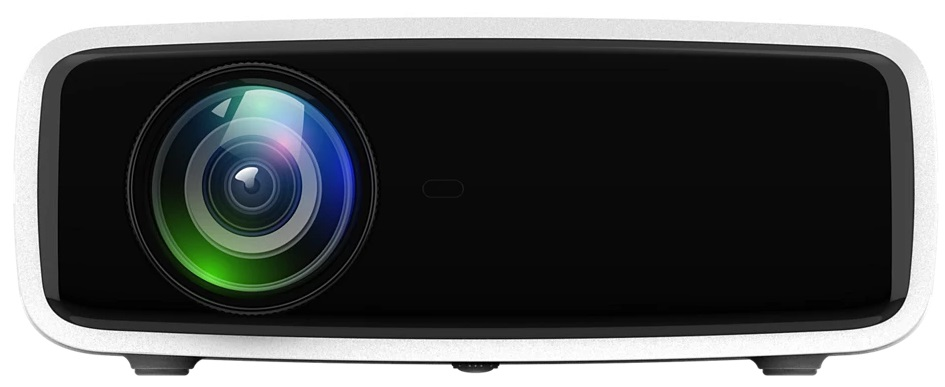 Czarny obiektyw projektora z dużą soczewką i elementami sterującymi. Biała obwódka i czarny korpus.