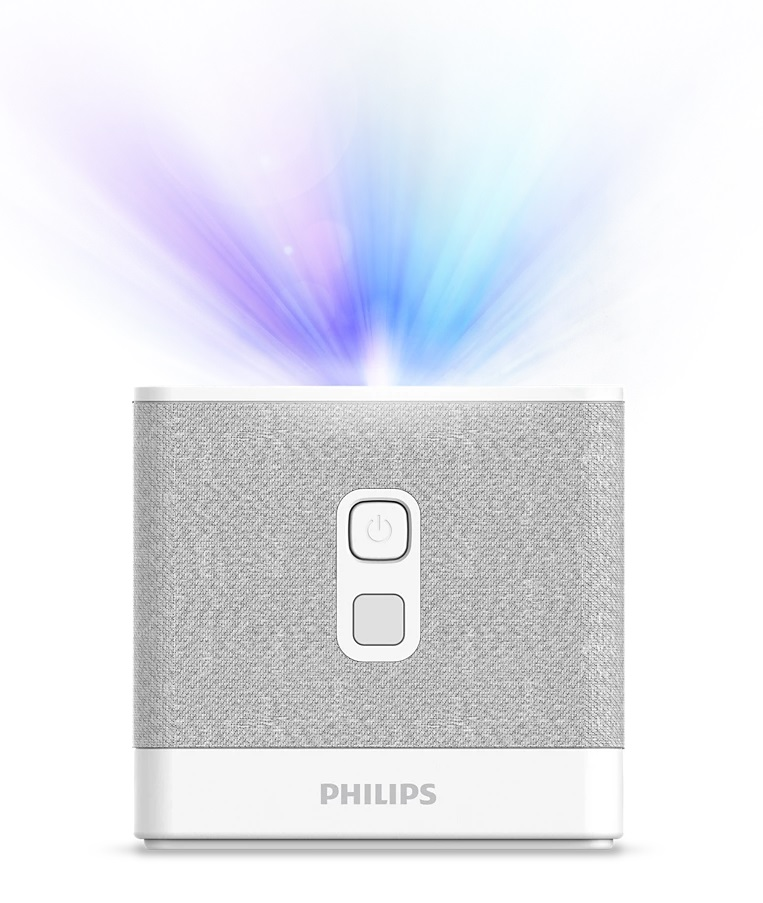 Biały głośnik ze światłem wydobywającym się z góry. Dwa przyciski z przodu.