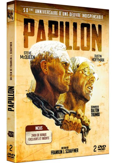 Couverture DVD du film Papillon avec deux hommes, une chaîne et du texte. Texte : Édition 50e anniversaire.
