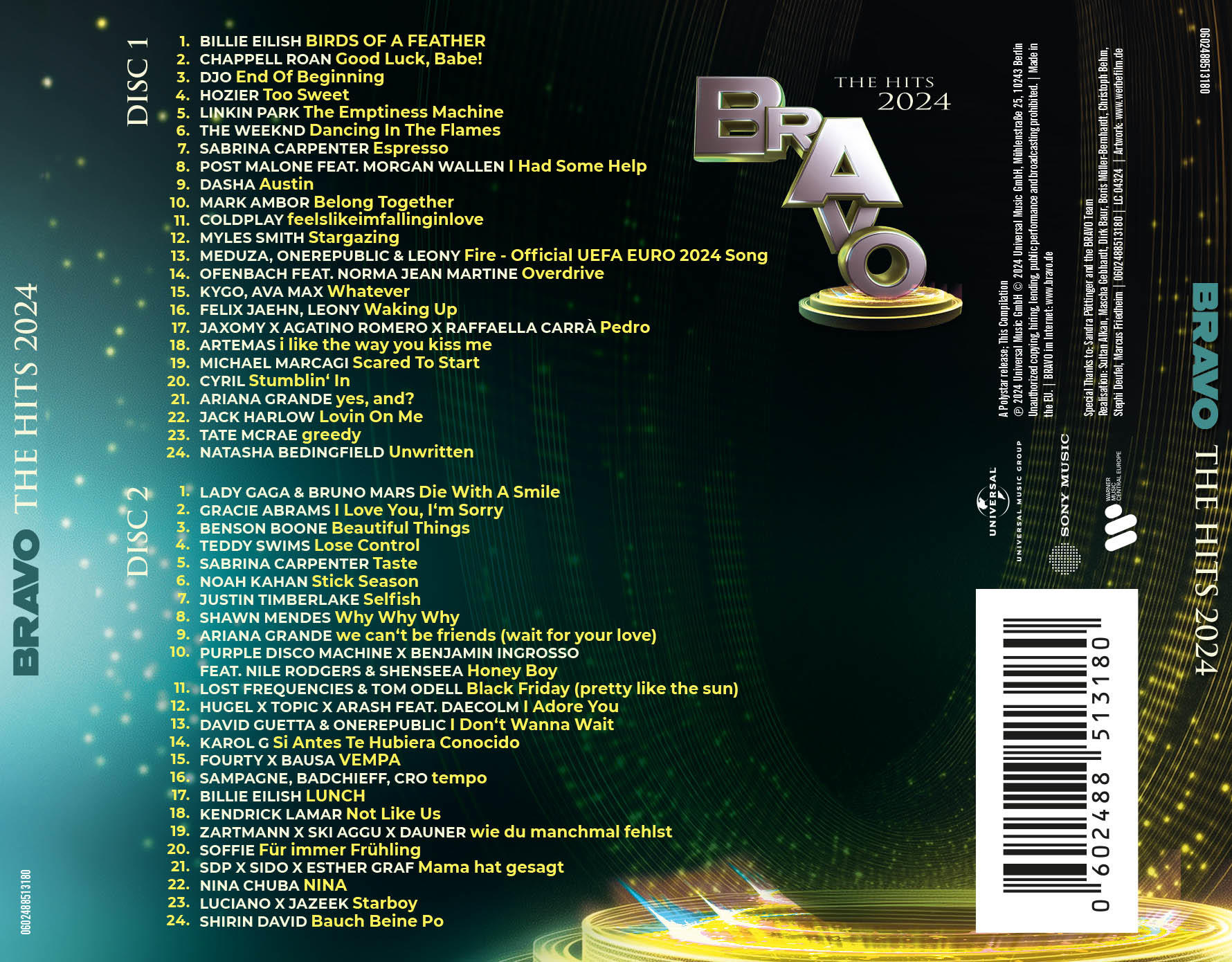 CD-Cover für Bravo The Hits 2024, mit goldenem Bravo-Logo und Titelliste.