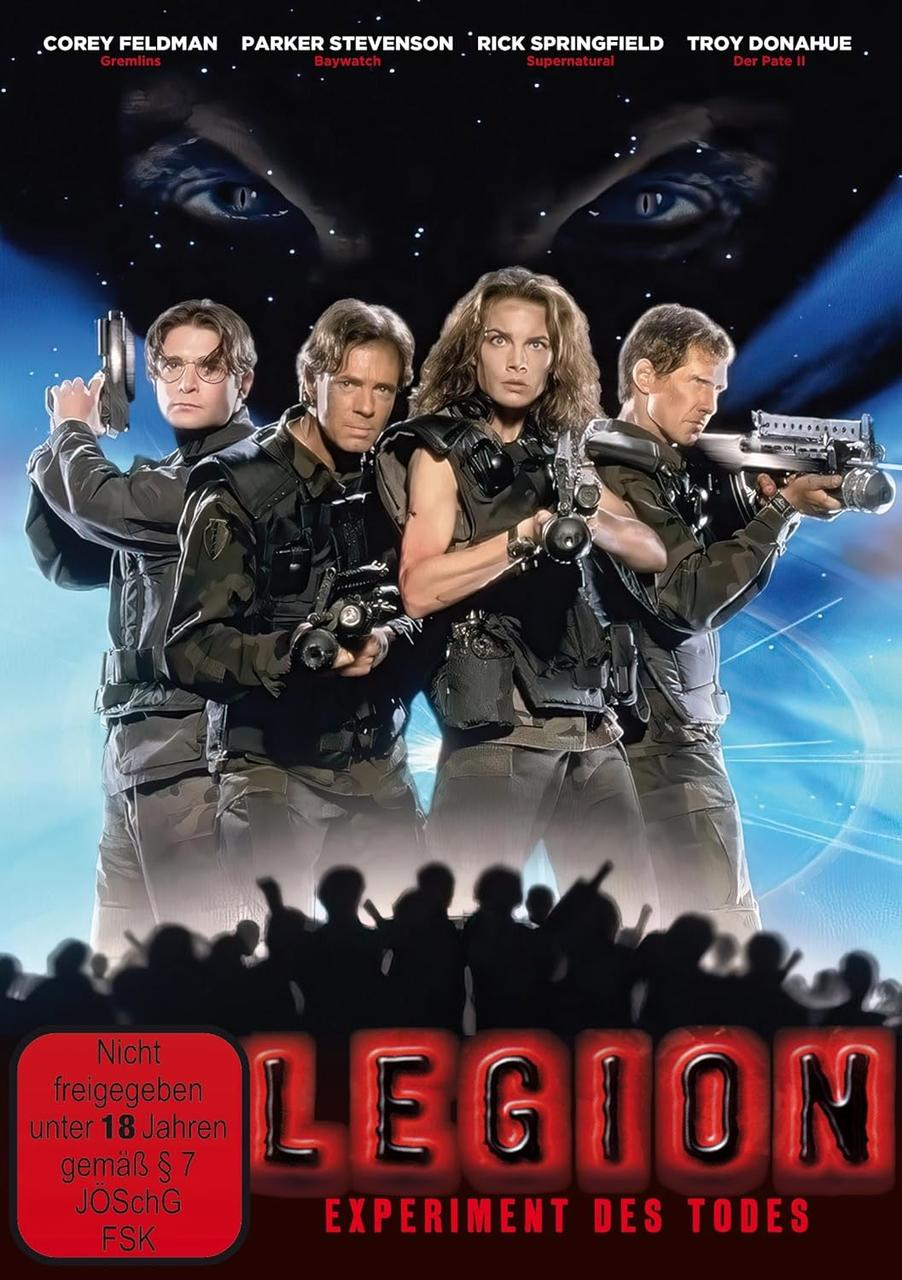 Filmposter für 'Legion: Experiment des Todes'. Vier bewaffnete Soldaten stehen mit dunklem Hintergrund.