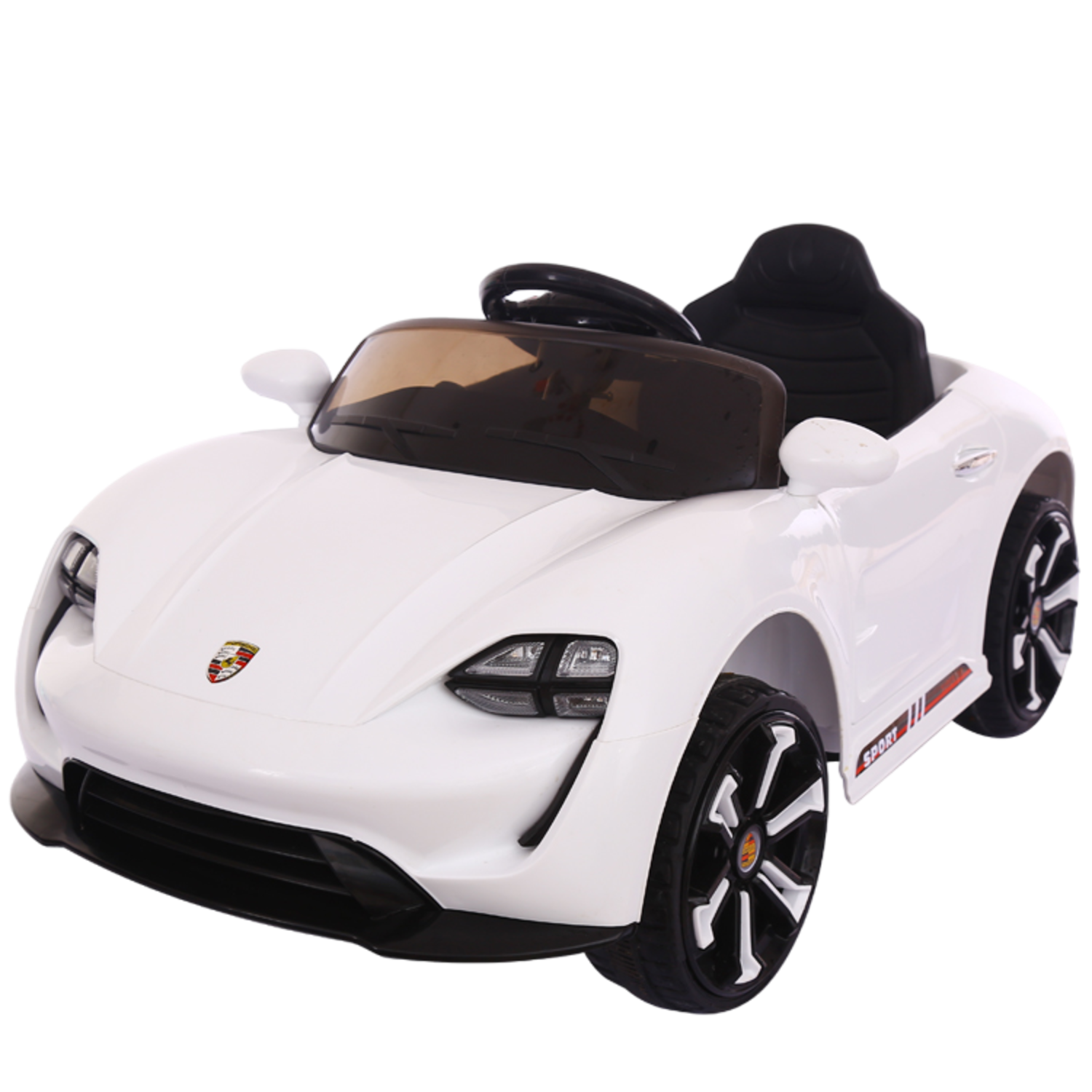 Une voiture jouet blanche avec des roues noires et un intérieur noir, sur un fond transparent.