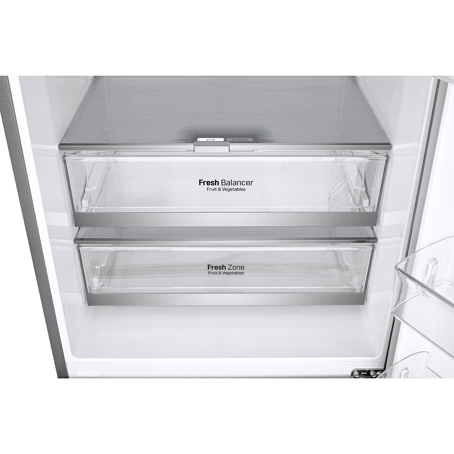 Interno del frigorifero con due cassetti trasparenti con etichetta 'Fresh Balancer' e 'Fresh Zone'.