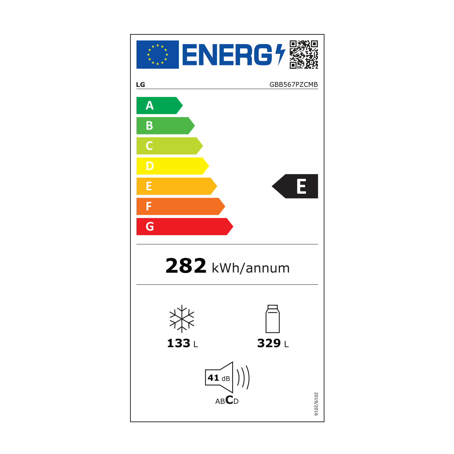 Etichetta energetica per un frigorifero LG. Mostra la classe di efficienza energetica e altri dettagli.