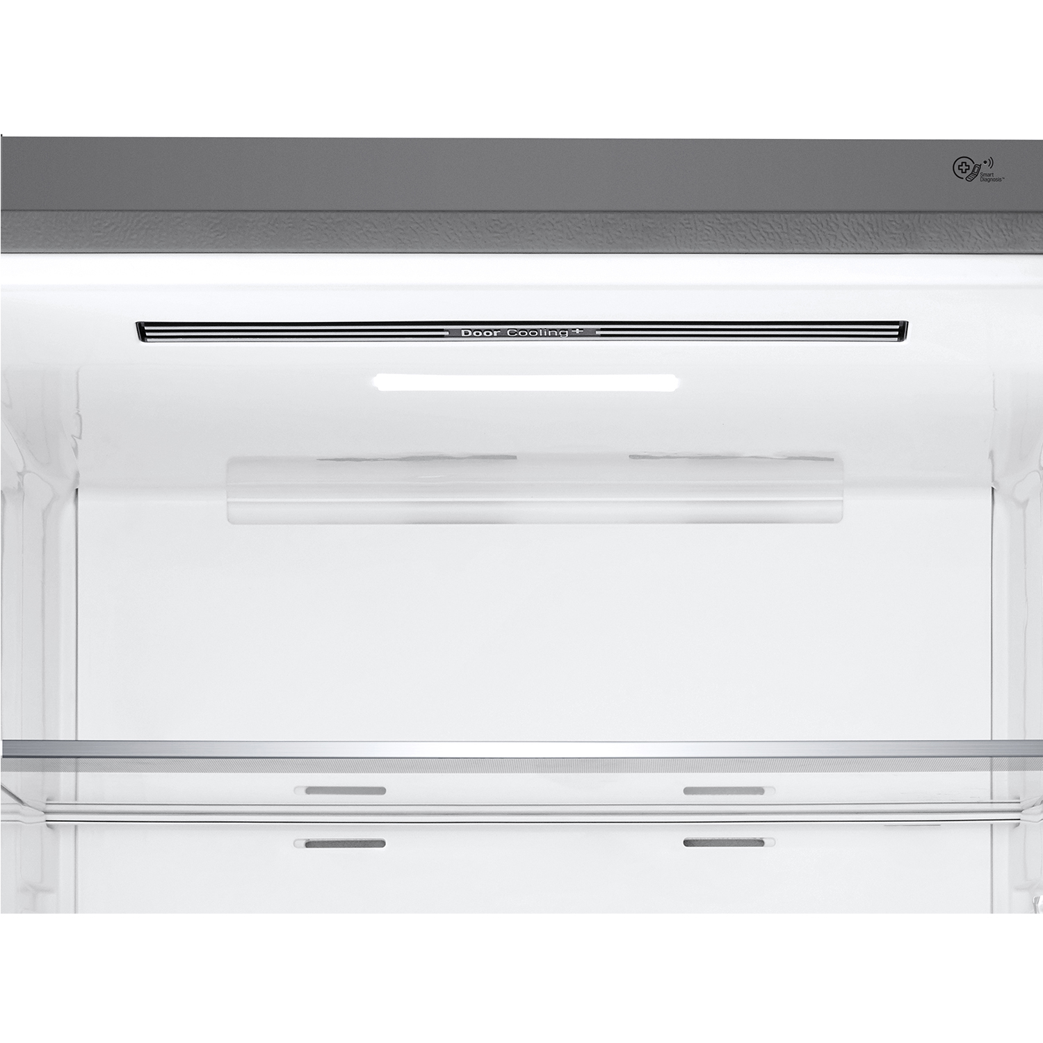 Interno di un frigorifero bianco. Parte superiore grigia con Smart Diagnosis. Barra Door Cooling+ e ripiano visibili.