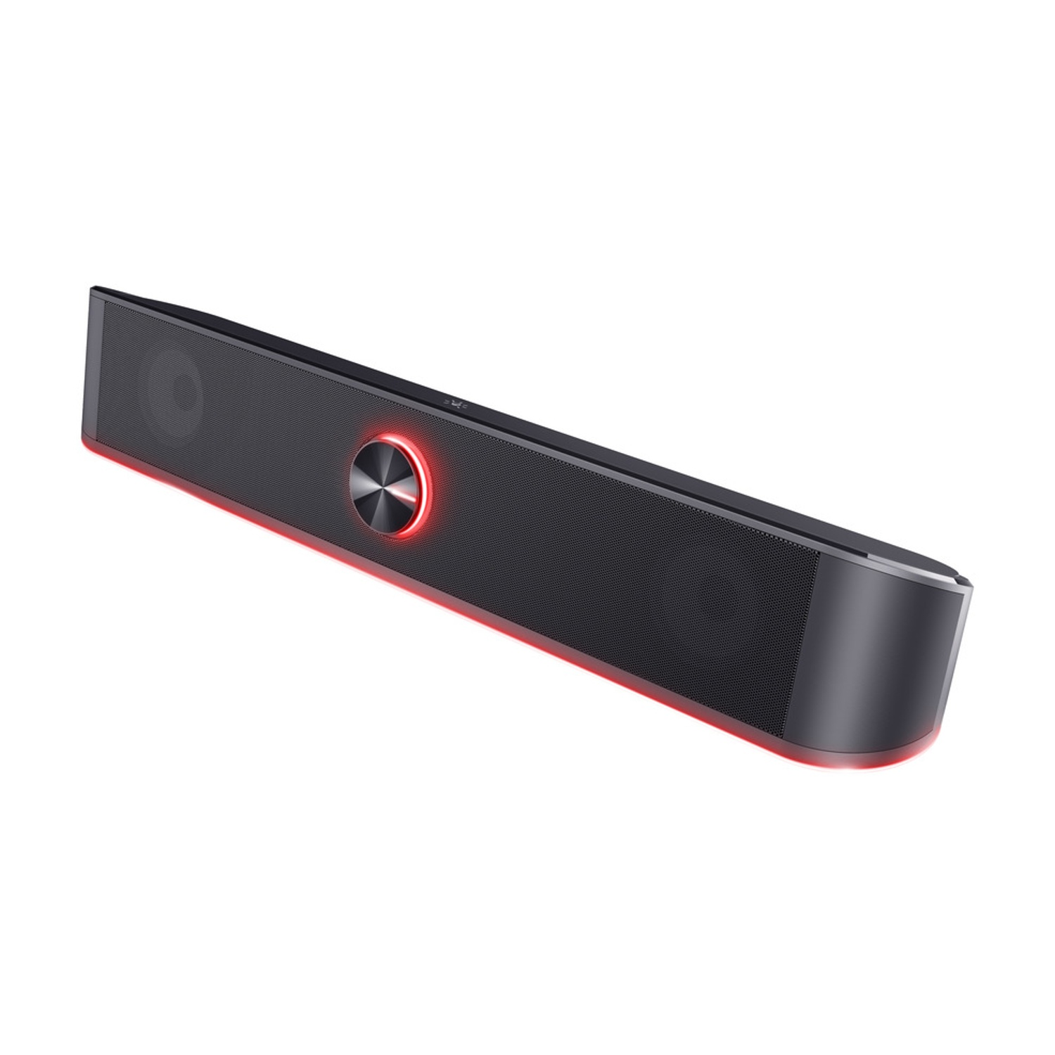 Una soundbar nera con una luce rossa attorno al centro. Ha un design a maglie.