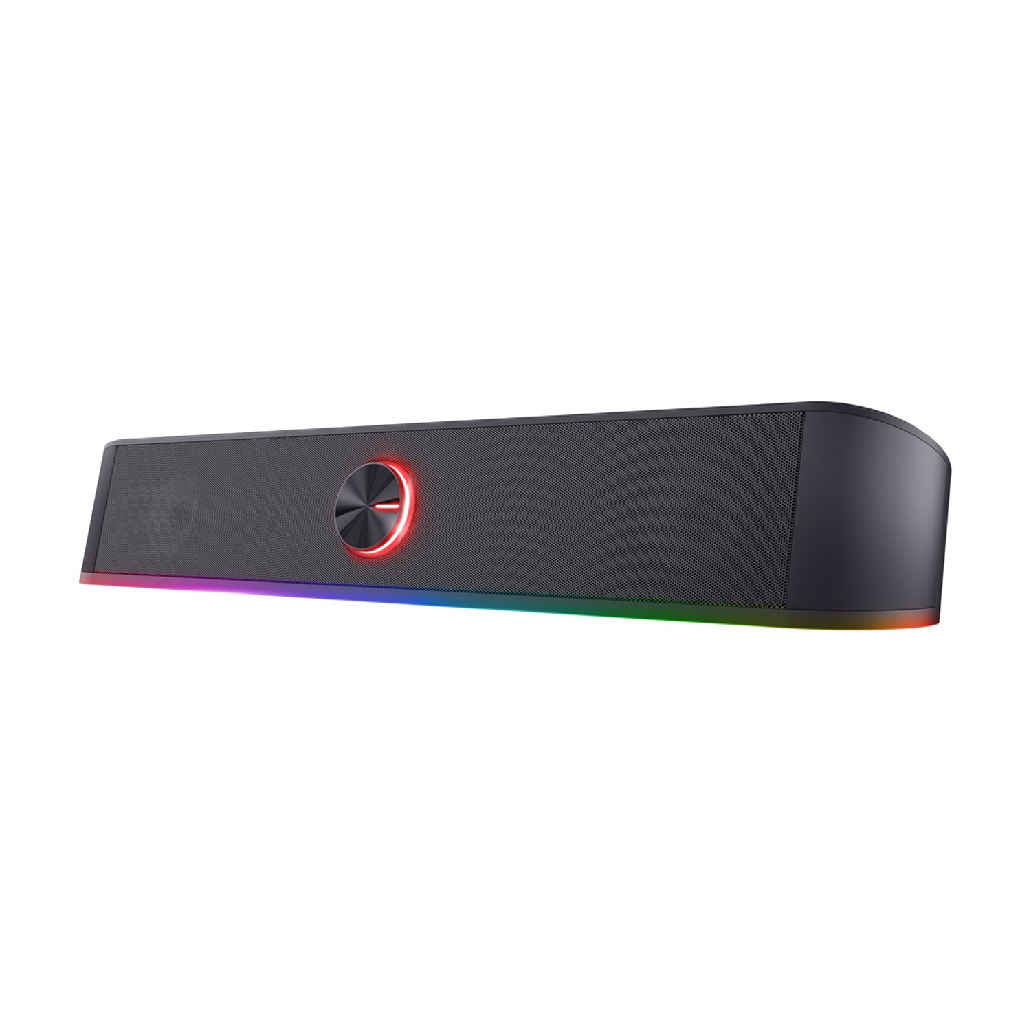 Un altoparlante nero con una luce rossa circolare e una barra luminosa arcobaleno nella parte inferiore.