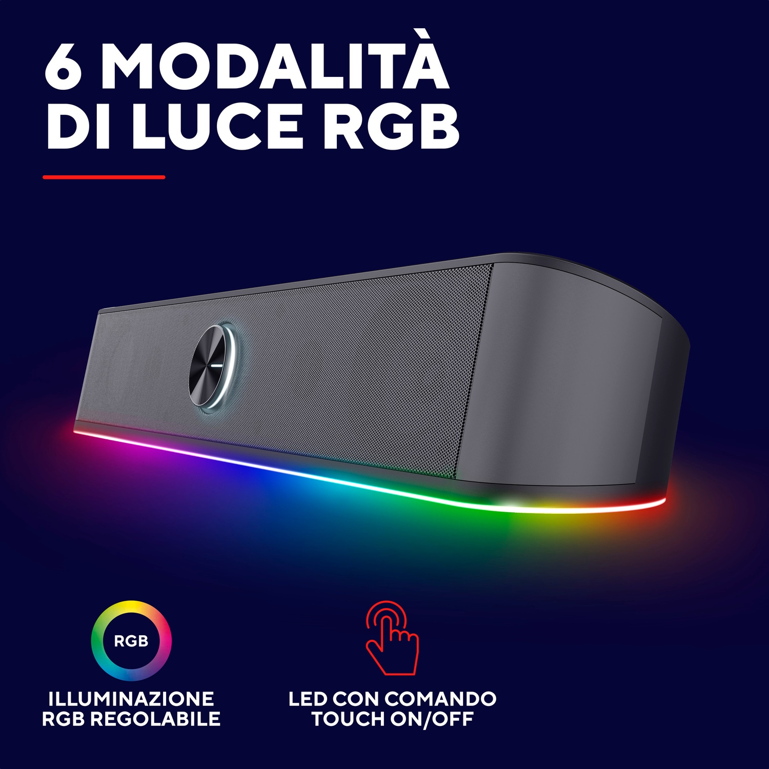 Un altoparlante con luce RGB. L'altoparlante è grigio e ha una barra luminosa colorata.