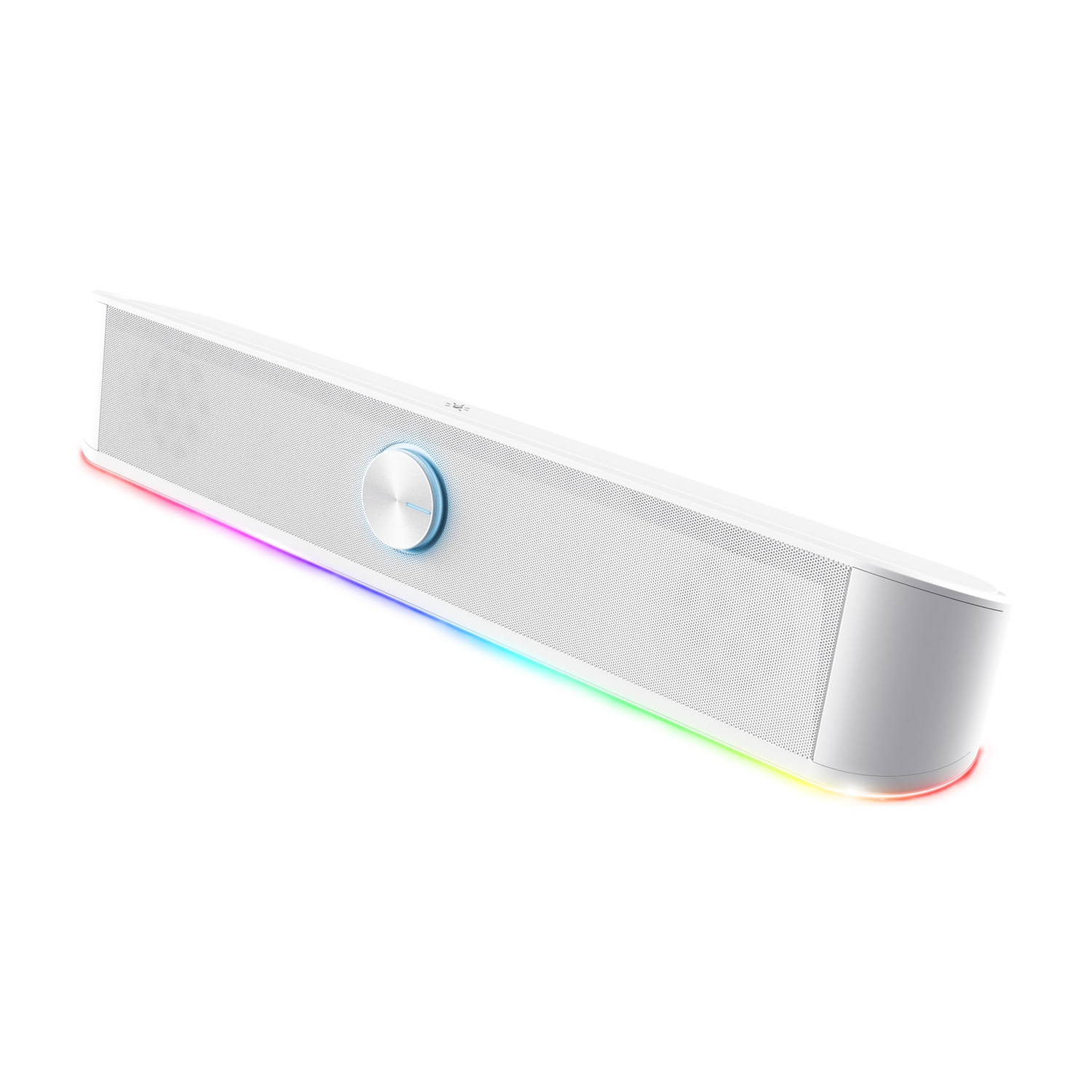 Soundbar bianca con luci LED alla base, su superficie bianca, design moderno.
