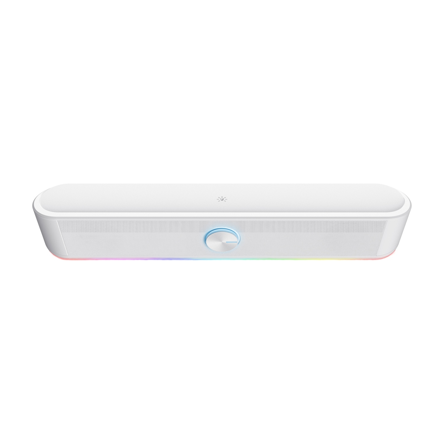 Una soundbar bianca con un controllo del volume e una striscia luminosa che cambia colore.
