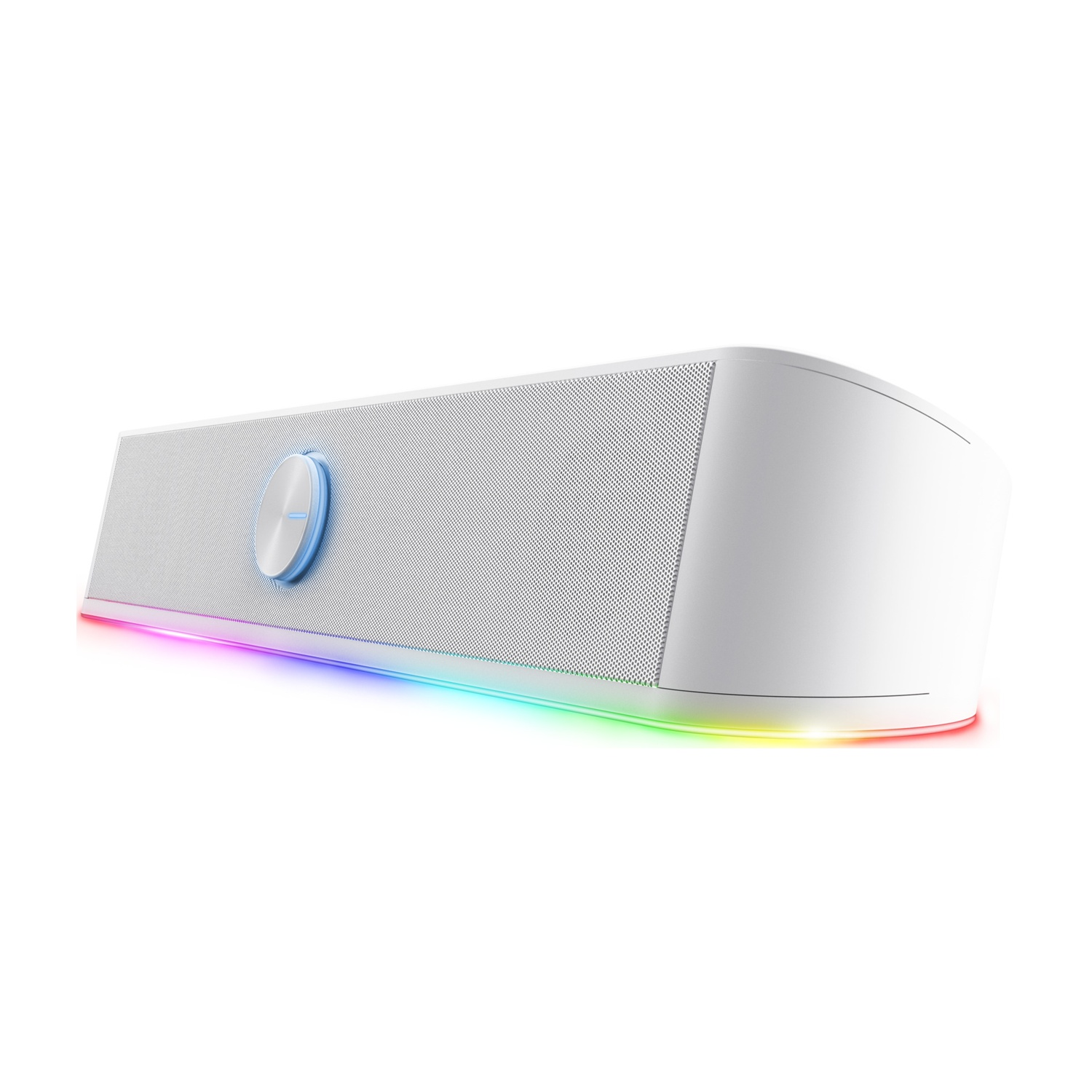Soundbar bianca con pulsante blu e luci RGB in basso. Isolato su bianco.