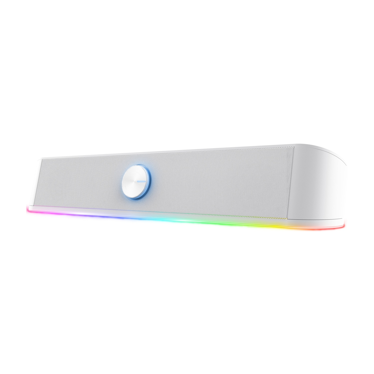 Una soundbar bianca con luci colorate in basso. Sul davanti un quadrante argentato.