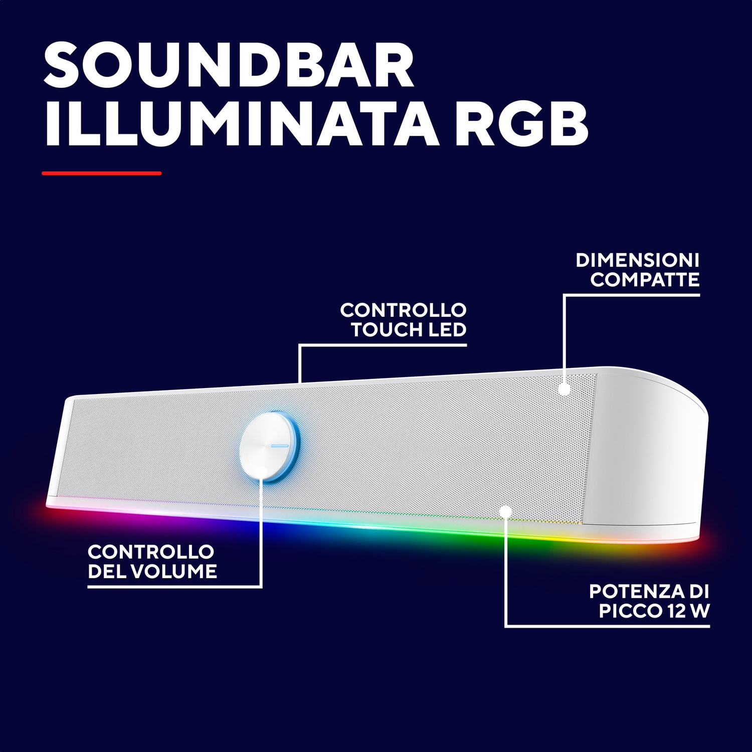 Soundbar bianca con luci colorate e pulsanti di controllo.