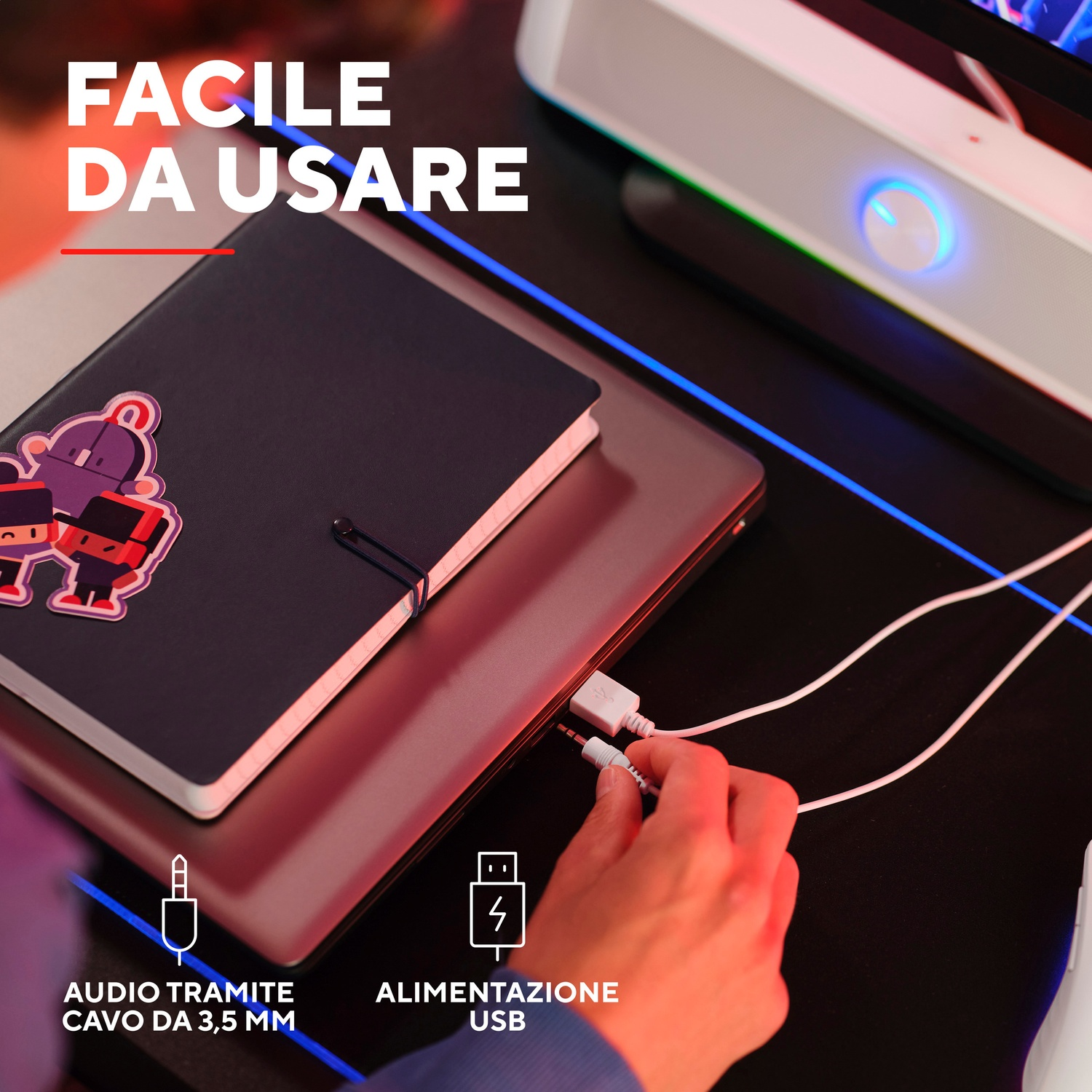 Persona che collega un cavo USB a un laptop accanto a un taccuino. Testo: Facile da Usare.