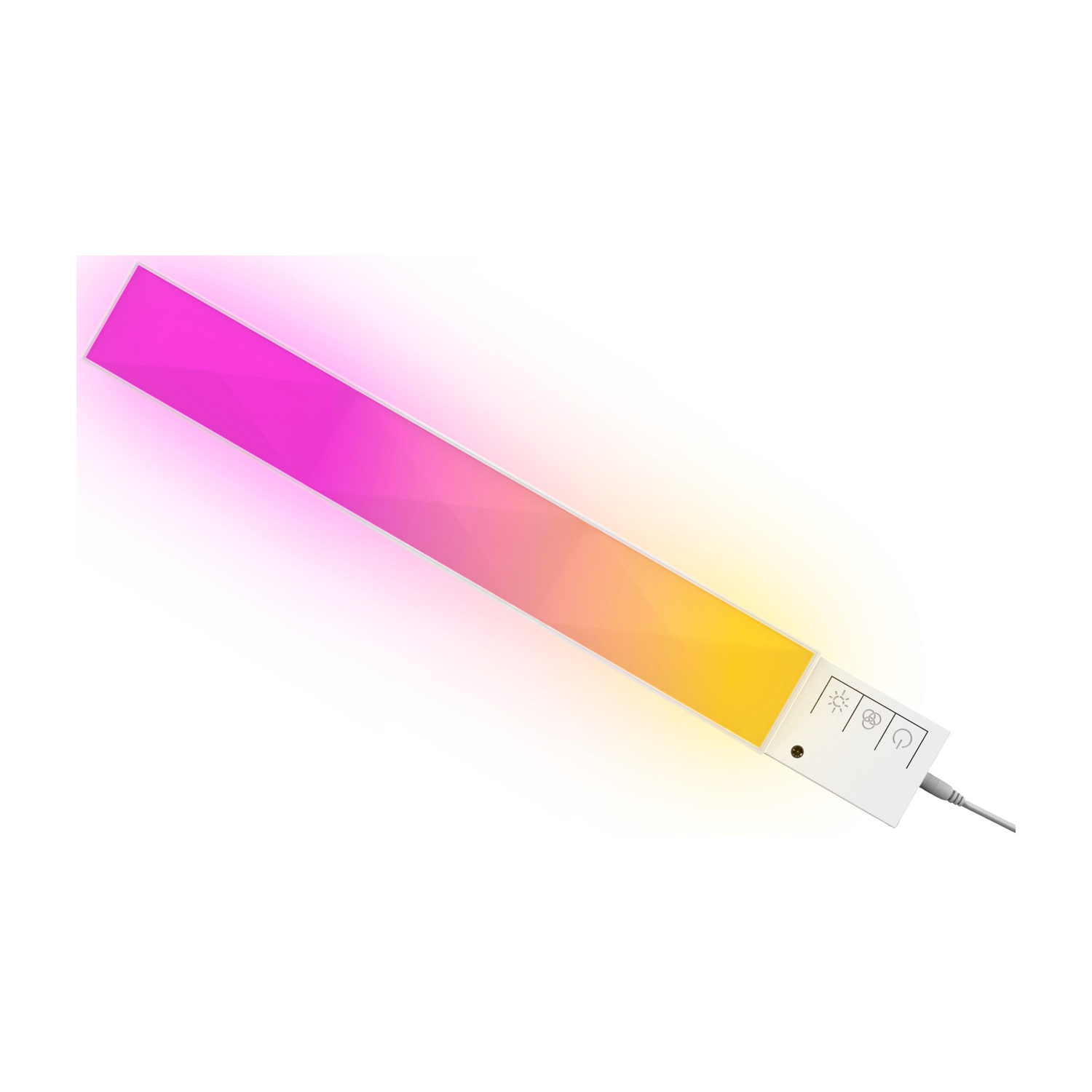 Una barra luminosa lunga e sottile con un gradiente di rosa, arancione e giallo.