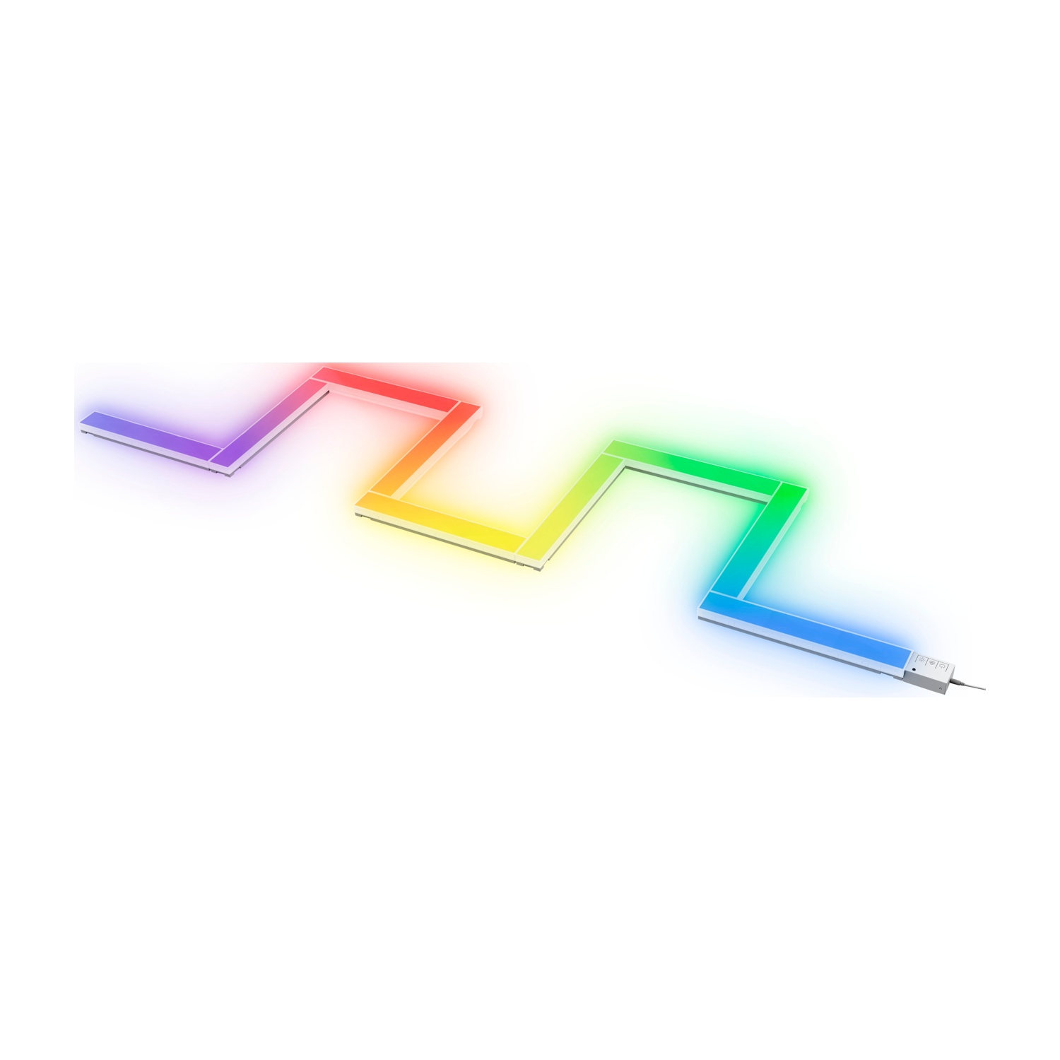 Una striscia luminosa LED a zig-zag multicolore. I colori sono blu, verde, giallo, arancione e rosso.