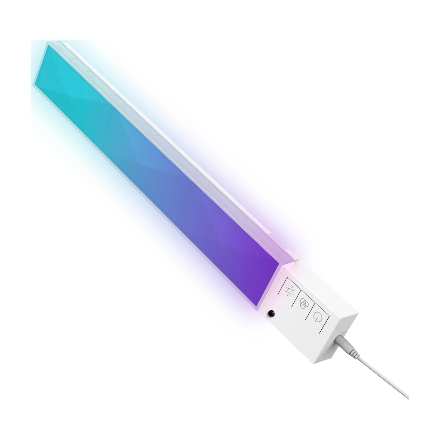 Una barra luminosa bianca con luci sfumate blu e viola. Ha un pannello di controllo e un cavo di alimentazione.
